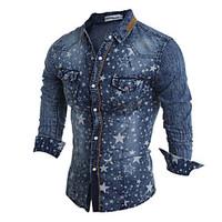 Brand Fashion Men\'s casual long-sleeved jacket printing Slim denim jacket lapel stars Polyester Casual / Sport