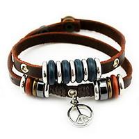 Brown Leather Wrap Bracelet with Peace