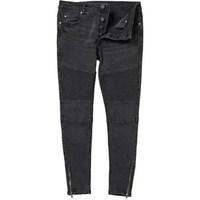 Brave Soul Mens Biker Zip Skinny Fit Jeans Charcoal