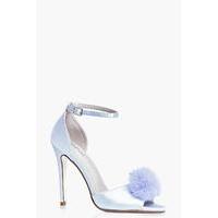 Bridal Satin Peeptoe Pom Trim Court - blue