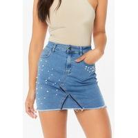 Bryoni Denim Pearl Detail Mini Skirt