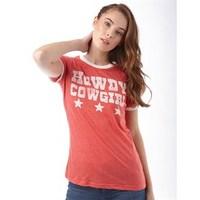 Brave Soul Womens Cow Girl T-Shirt Retro Red Marl/Cream