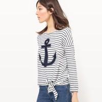 Breton Sweatshirt with Anchor Embroidery and Waist Tie