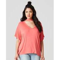 Bright Coral High Neck Low V Slouch Top