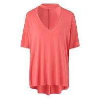 Bright Coral High Neck Low V Slouch Top