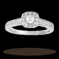 Brilliant cut 0.40 total carat weight diamond halo ring with diamond set shoulders in 18 carat white gold