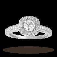 Brilliant cut 1.00 total carat weight diamond halo ring with diamond set shoulders in 18 carat white gold