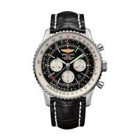 Breitling Navitimer GMT men\'s chronograph black leather strap watch