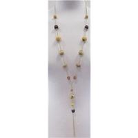 Brown and beige wooden beaded Y necklace