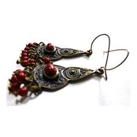 Brass Boho Tribal Dangly Earrings With Added Red Beads
