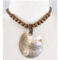 Brown wood bead necklace & oval shell pendant