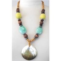 Brown wood bead necklace & round shell pendant