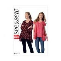 Butterick See & Sew Ladies Easy Sewing Pattern 6345 V Neck Tops with Pockets or Ruffle Hem