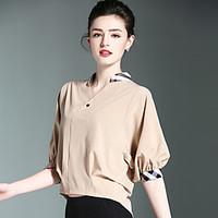 Burdully Going out Cute Spring Summer ShirtSolid Stand Length Sleeve White Black Brown Polyester