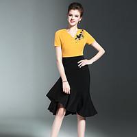 Burdully Casual/Daily Simple A Line DressPatchwork V Neck Midi Short Sleeve Polyester Black Yellow Spring Summer Mid Rise Inelastic