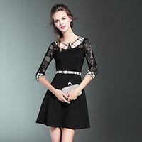 Burdully Going out Cute A Line DressSolid Round Neck Above Knee Length Sleeve Others Black Spring Summer Mid Rise Micro-elastic