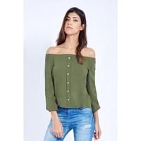 BUTTON DETAIL CRINKLE BARDOT BLOUSE