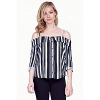 BUTTON THROUGH STRIPE BARDOT BLOUSE