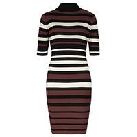 Burgundy Black & Cream Stripe Pattern Bodycon Jumper Dress