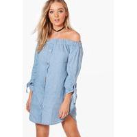 Button Off Shoulder Chambray Dress - blue