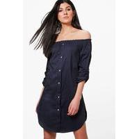 Button Front Off Shoulder Cotton Sundress - navy