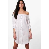 Button Front Off Shoulder Cotton Sundress - white