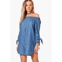 Button Off Shoulder Chambray Dress - indigo