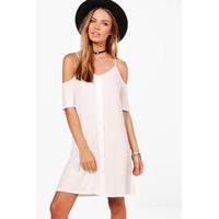 button through cold shoulder swing dress white