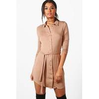 Button Through Collar Shirt Dress - camel