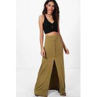 Button Front Split Jersey Maxi Skirt - olive