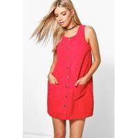 Button Through Cord Pinafore Dress - red