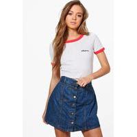 button through denim mini skirt indigo