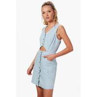 Button Cut Out Denim Dress - blue