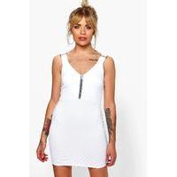 Buckle Trim Zip Front Bodycon Dress - cream