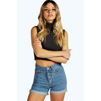 Button Front Denim Mom Shorts - mid blue