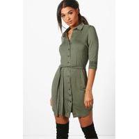 Button Through Collar Shirt Dress - khaki