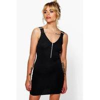 buckle trim zip front bodycon dress black