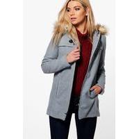 Buckle Front Faux Fur Coat - grey