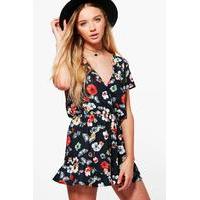 Butterfly Print Wrap Front Playsuit - black
