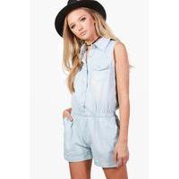 button through denim playsuit blue