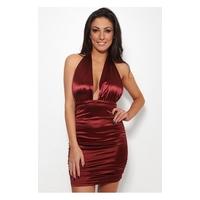 burgundy satin halterneck bodycon dress