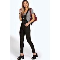 Button Front Slim Fit Denim Dungarees - black