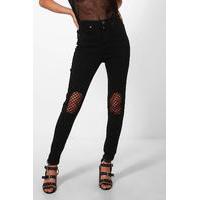 busted knee fishnet skinny jeans black