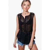 Button Through Crochet Trim Shirt - black