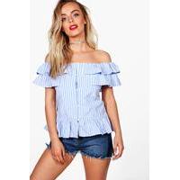 button front off the shoulder chambray top mid blue