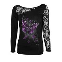 Butterfly Skull Lace Shoulder Top - Size: L