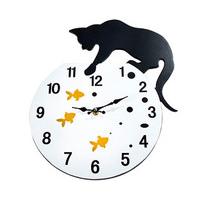 Cat With Goldfish Wall Clock, Wood
