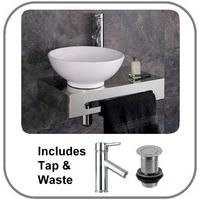 Casoria 32cm Dia Round Bathroom Sink with Stainless Steel Wall Mounted Shelf Kit with Tap