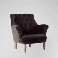 Camborne Armchair in Dark grape velvet & charcoal herringbone