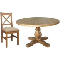 Camrose Reclaimed Pine Dining Set - Round with 6 Fabric Seat Dining Chairs